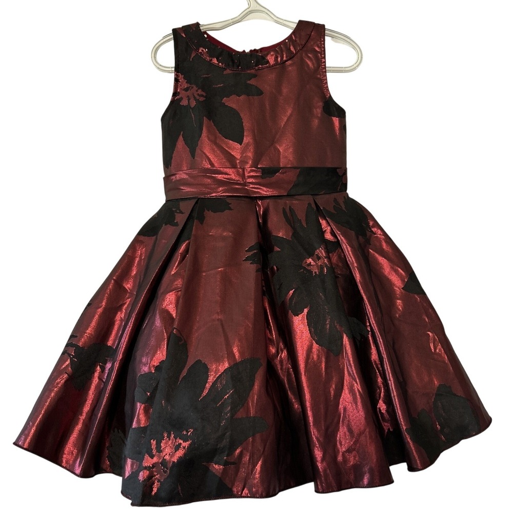 Pari Girls Burgundy Black Metallic Floral Jacquard Party Dress Size 2T